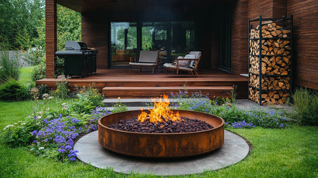 Circular metal fire pit with flames in a cozy outdoor setting for ambiance.