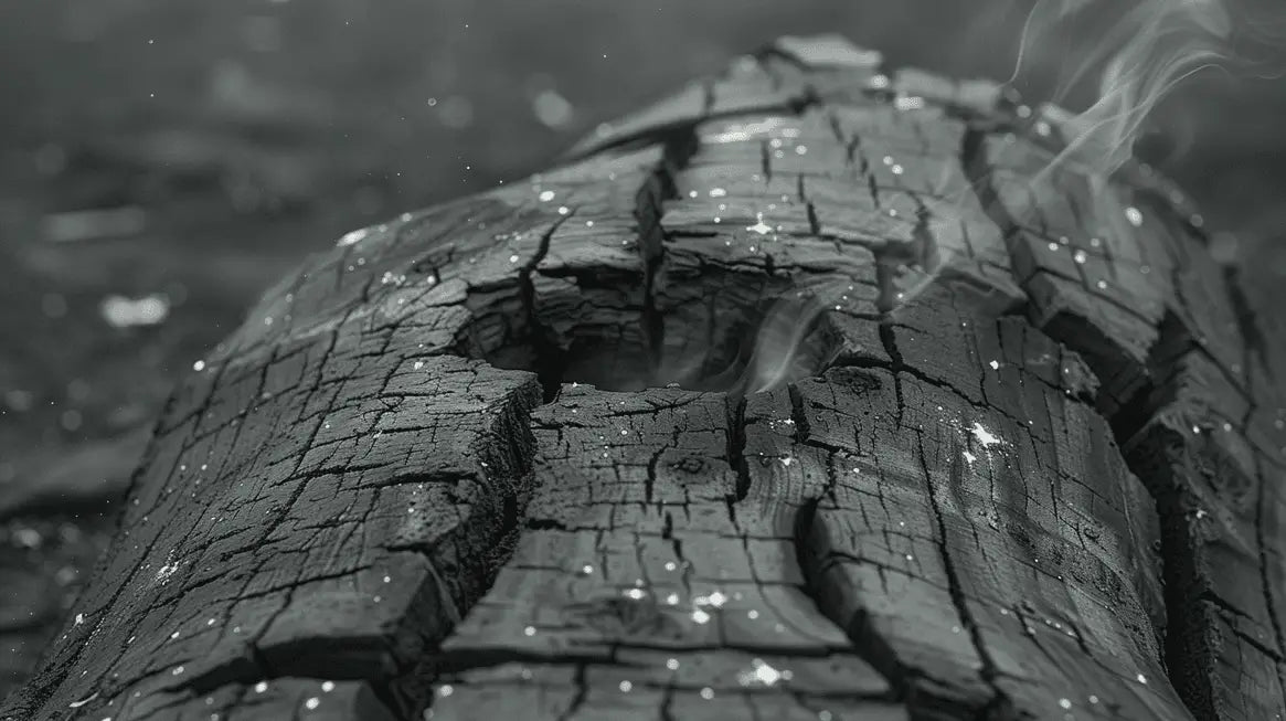 Charred wooden log emitting smoke, illustrating charcoal’s grilling benefits.