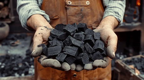 Handful of charcoal pieces held in gloved hands in a charcoal making article.