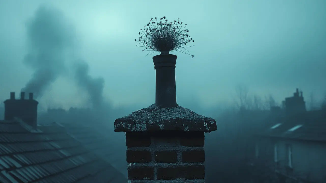 Brick chimney with birds swirling from the top in an article about chimney maintenance.
