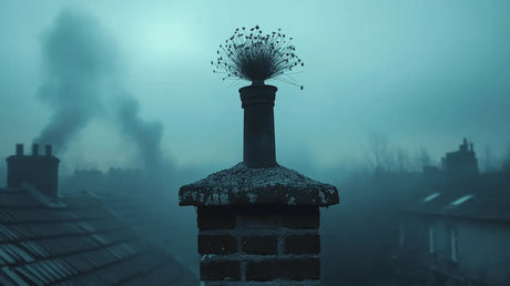 Brick chimney with birds swirling from the top in an article about chimney maintenance.