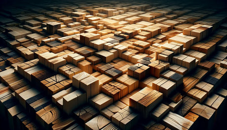Collection of wooden blocks with varied heights and textures in a grid pattern.