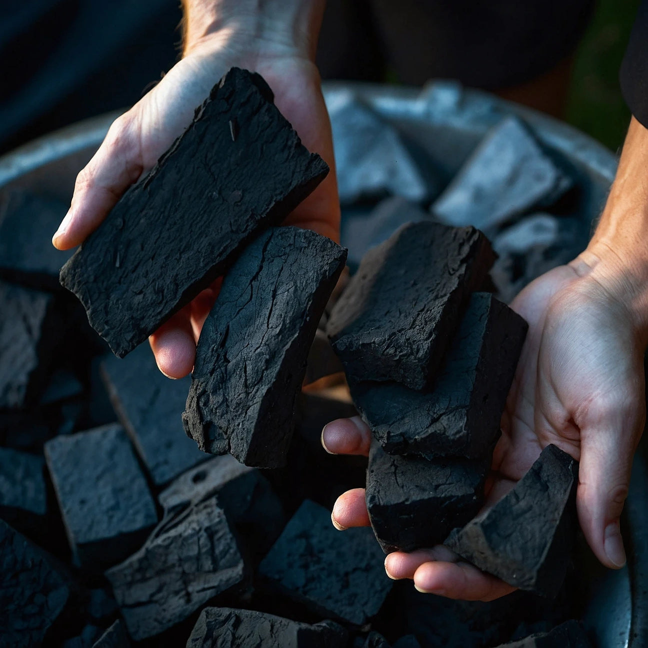 Hands Holding Premium Hardwood Charcoal Pieces From The Charcoal For Bbq Collection.