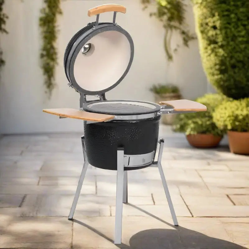Spherical Outdoor Kamado Grill With Hinged Lid And Wooden Shelves In Kamado Grills Collection.