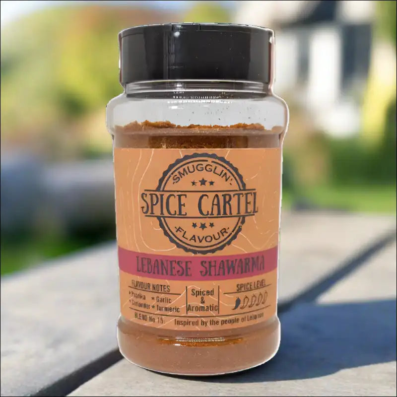 Lebanese Shawarma Spice Blend, 240g Shaker On Wooden Table