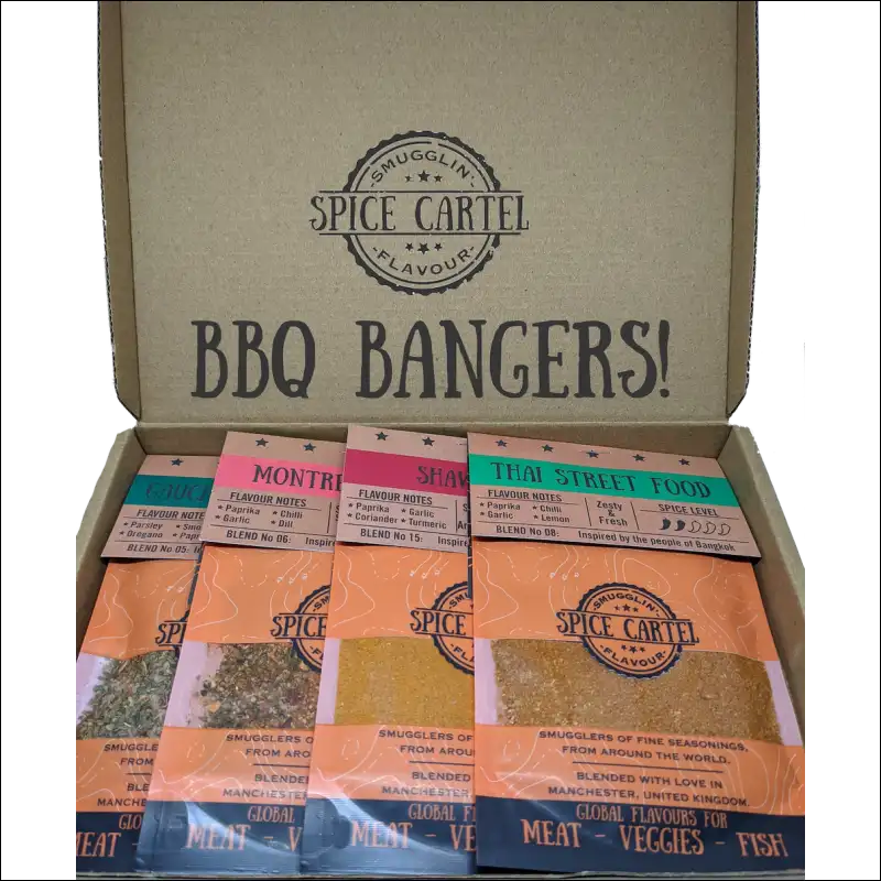 Bbq Bangers Gift Box Featuring Vegan Friendly Rubs With Black Pepper And Thai Street Food Flavors