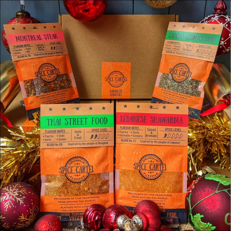 Bbq Bangers Gift Spice Bags With Black Pepper, Vegan Friendly, Amidst Christmas Decor