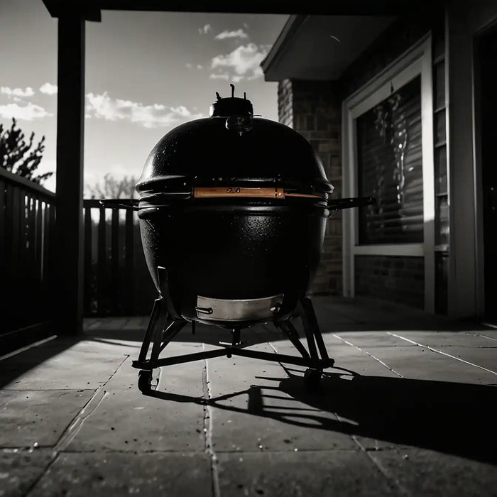 Black ceramic kamado grill.