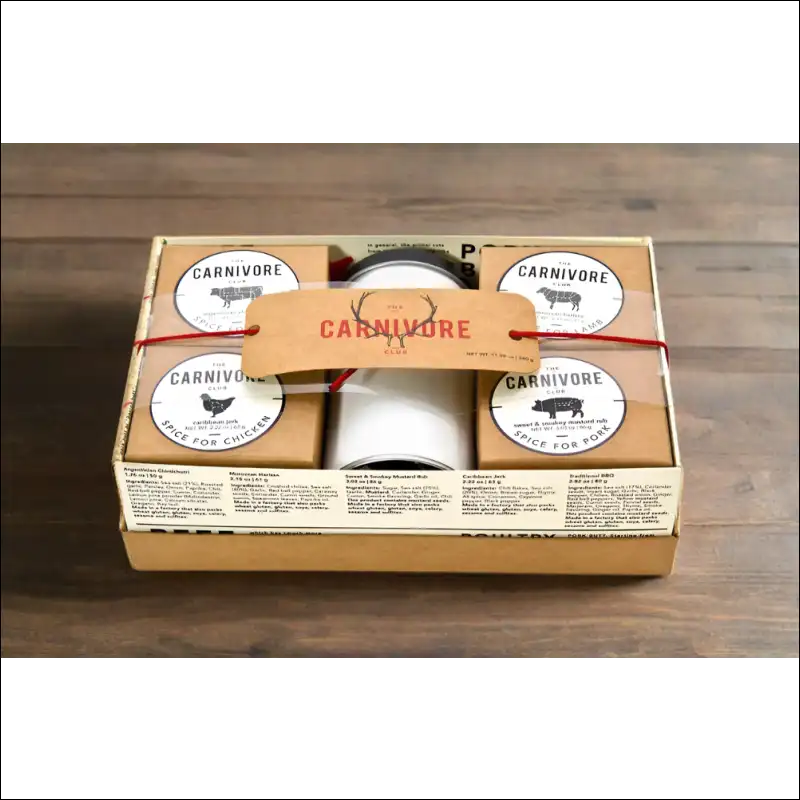 Caribe Gift Box With Carnivore Club Meat And Bbq Spice Set, Kiln Dried Wood Fuels Ready To Burn