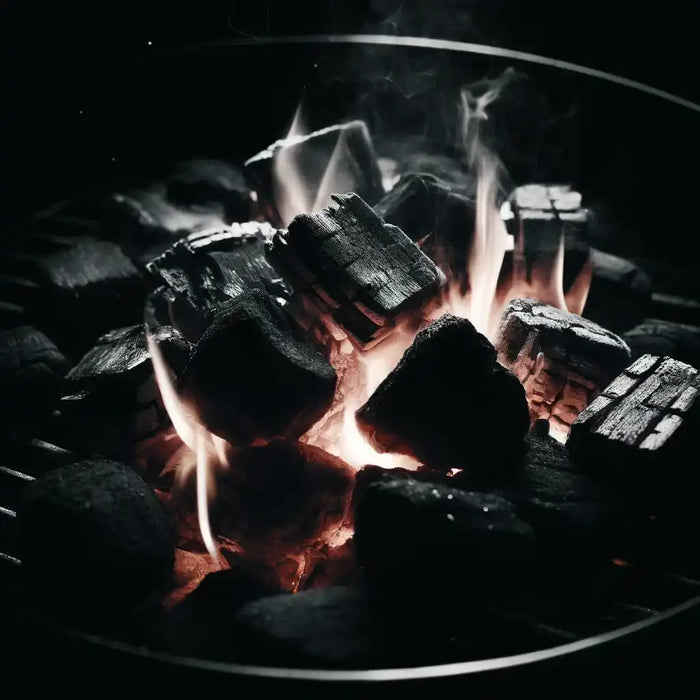 Burning charcoal briquettes.