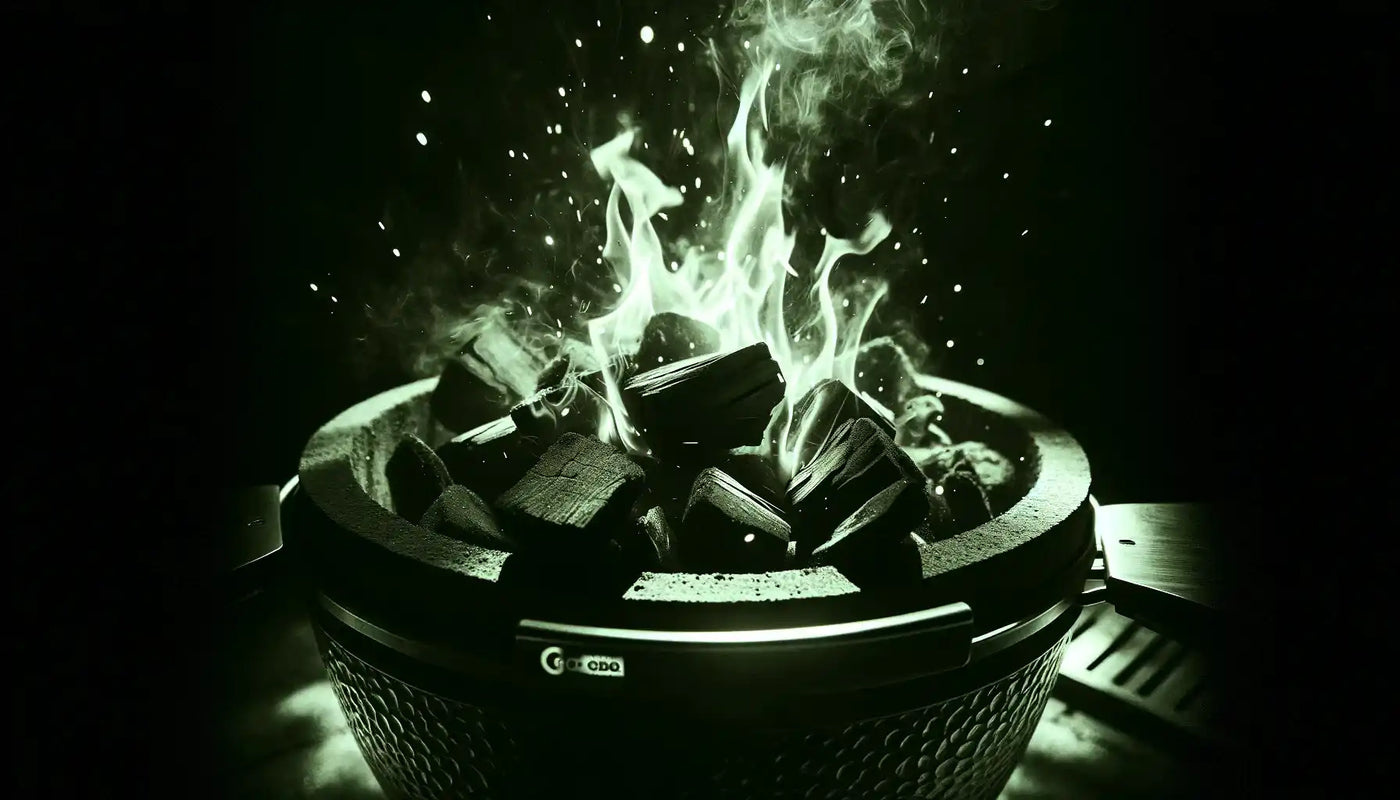 Charcoal grill with flames.