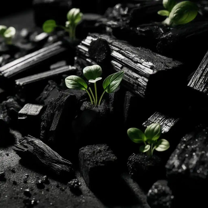 Charcoal pieces with sprouting green plants.