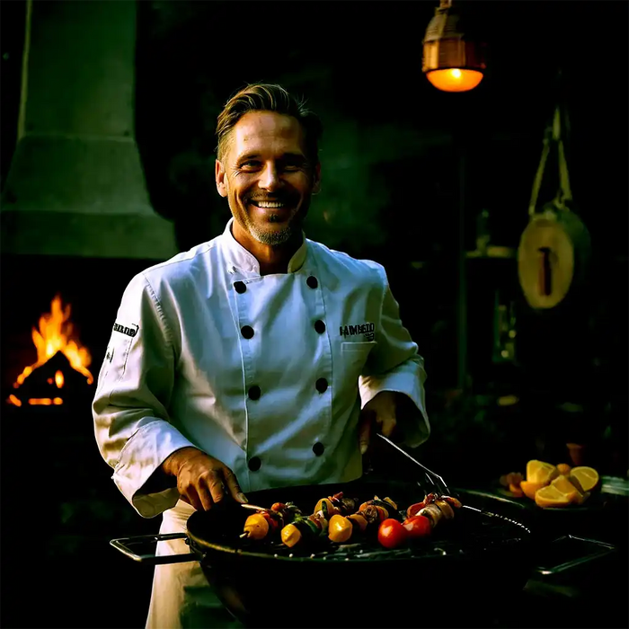 Smiling chef grilling skewers.