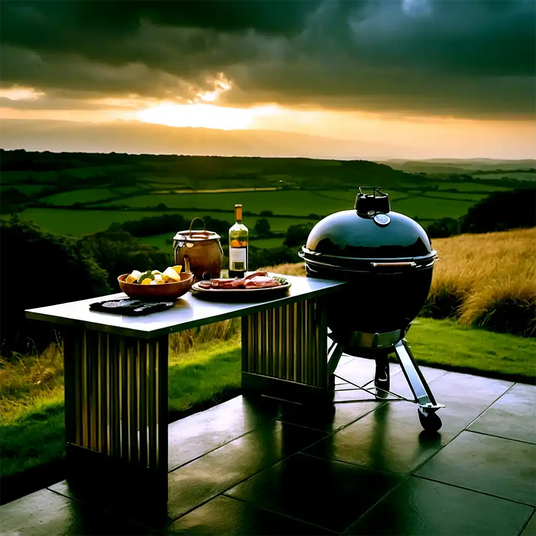 Outdoor grill with food preparation table.