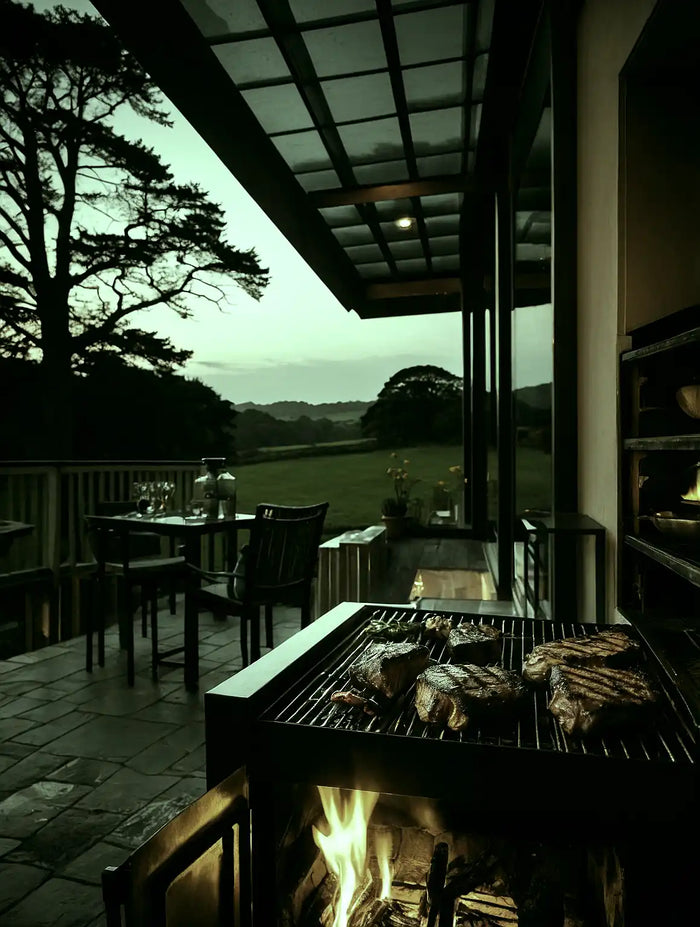 Outdoor grill with steaks.