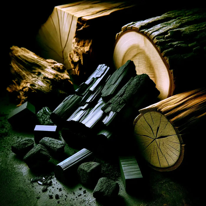 Pile of firewood and charcoal.