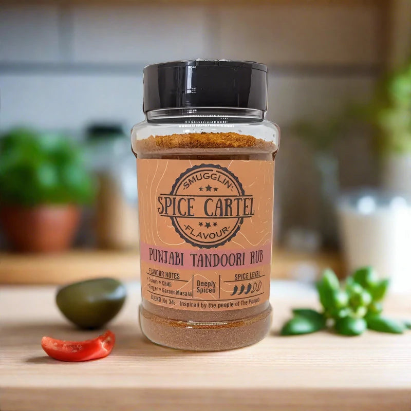 Punjabi Tandoori Rub 240g Shaker, a Vibrant Tandoori Spice Blend In a Jar On Counter