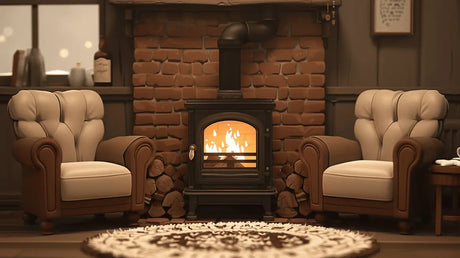 Wood-burning stove with glowing fire and stacked firewood, perfect for cost-effective heating.