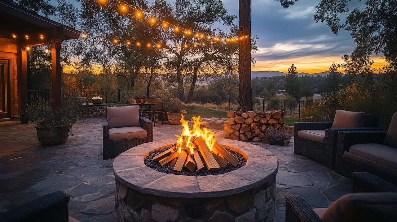 Circular stone fire pit with a blazing fire for summer gatherings and relaxation.