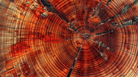 Cross-section of a tree trunk highlighting vibrant red and orange growth rings