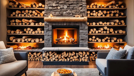 Stone fireplace with roaring fire, stacked firewood, and built-in shelving displayed.