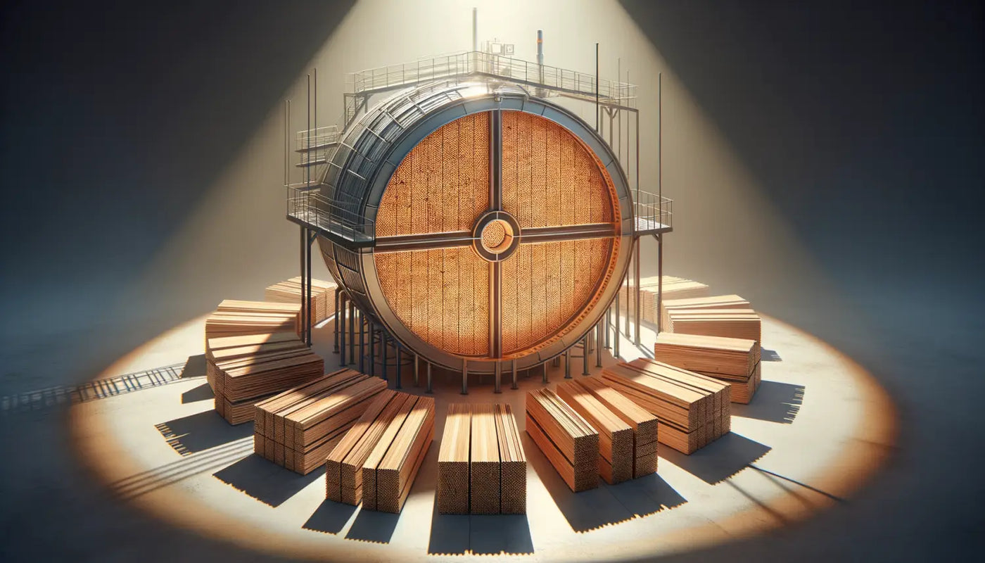 Circular wooden door with scaffolding and blocks in Kiln Drying Technology article.