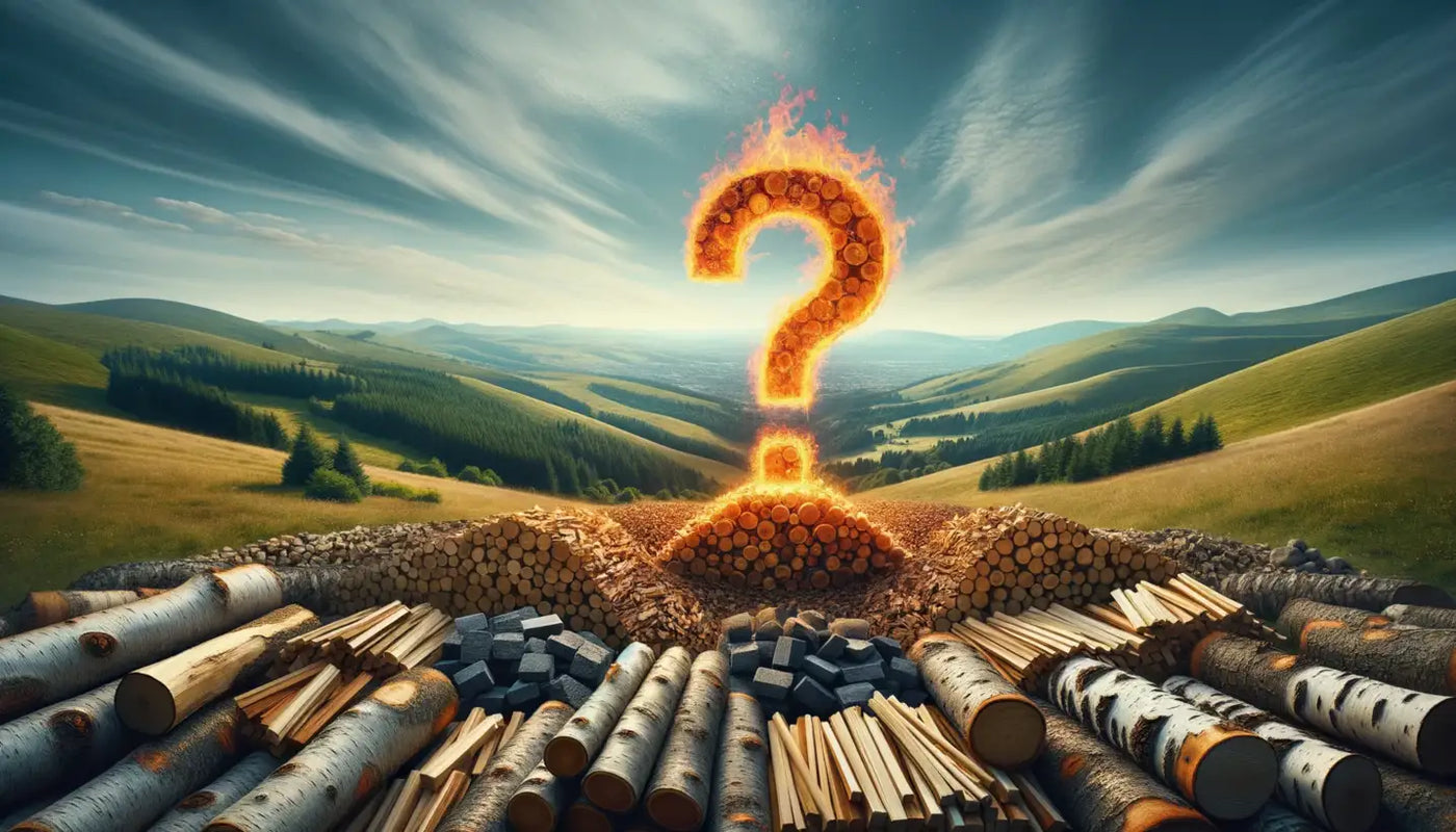 Flaming question mark above a pile of kiln-dried wood for campfires