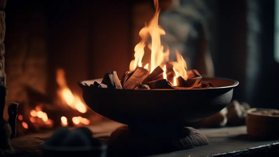 Fire bowl with burning wood and flames enhancing a beautiful hearth aesthetic.