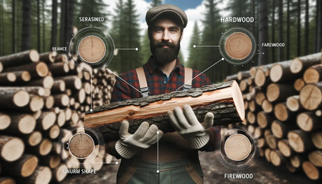 Bearded lumberjack in forest with log, wood samples, and labels for firewood analysis