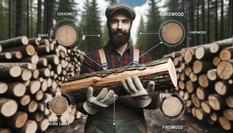 Photo of a lumberjack holding up a prime log, with overlay graphics.The backdrop is a forest setting with stacks of firewood