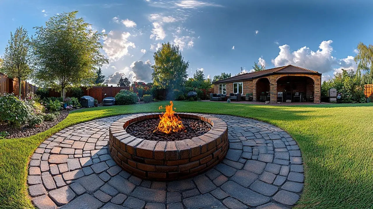 Circular brick fire pit with a lively fire, ideal for cozy warmth and ambiance.