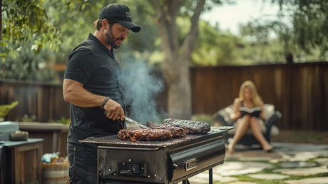 Man grilling meat at outdoor barbecue for best charcoal BBQ smoking tips