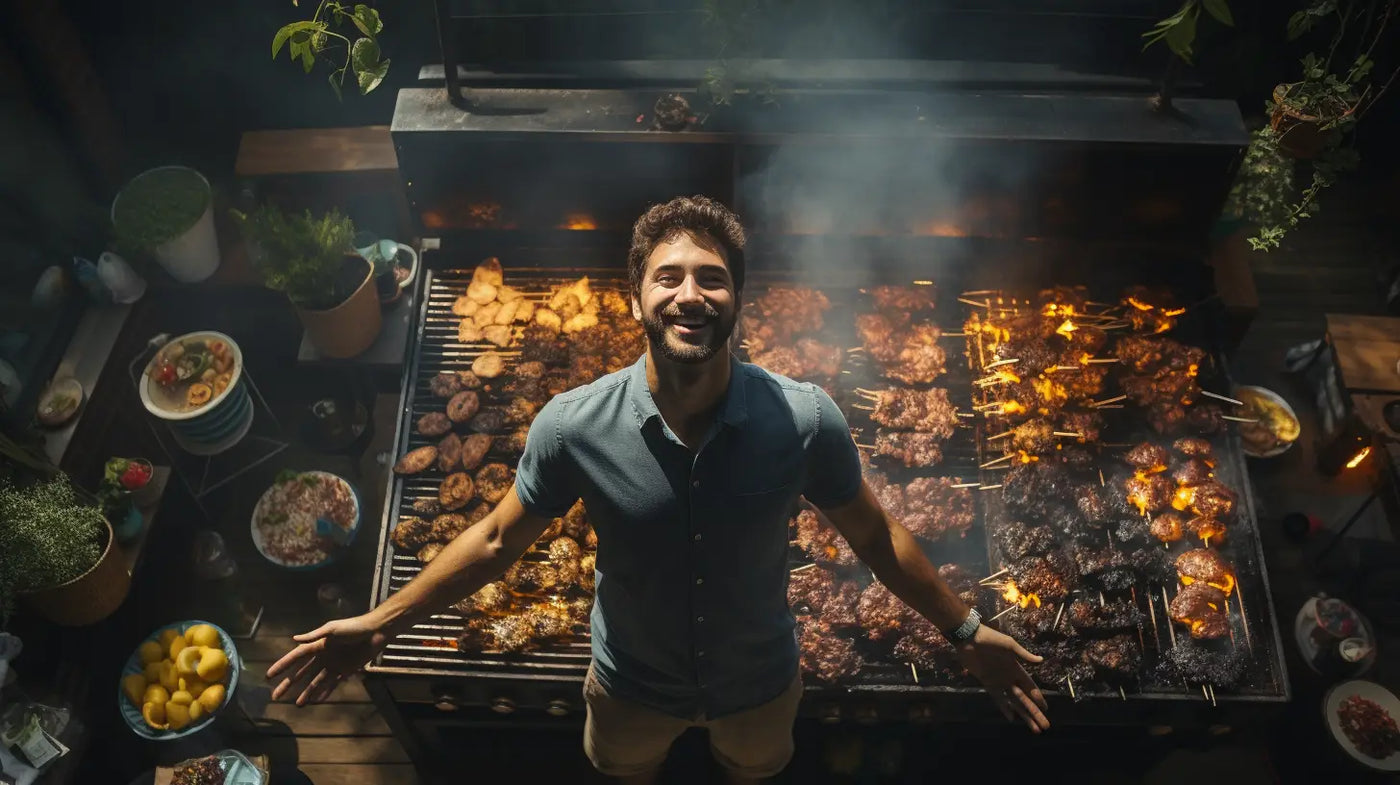 Grill with sizzling meats and various food items in an outdoor cooking setting