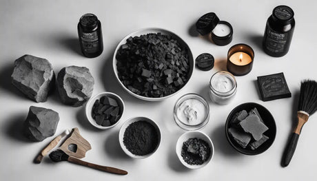 Collection of lumpwood charcoal products and skincare items on a surface.