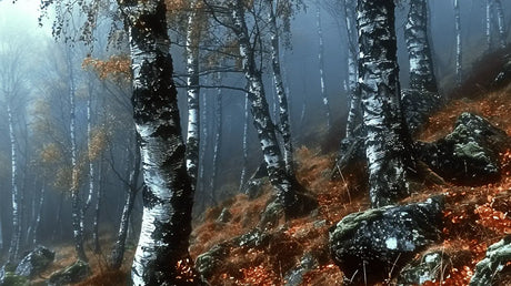 Birch trees with white bark in a misty forest highlighting their unique beauty.