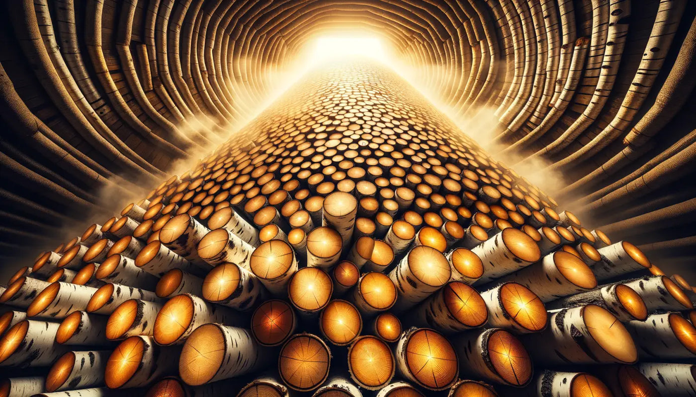 Golden spheres converging towards a bright center in Birch Wood kiln drying article