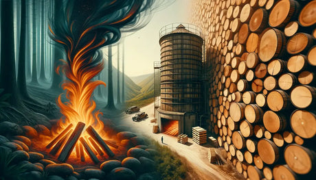 Cylindrical silo with cut logs and a campfire in an eco-friendly wood burning discussion.