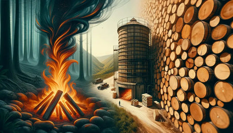 On one side, a traditional campfire burns brightly, with smoke spirals carrying the timeless aroma of wood. Opposite this, a contemporary kiln stands with neat stacks of drying wood