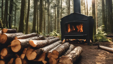 Wood-burning stove with fire in a serene forest supporting sustainability discussion