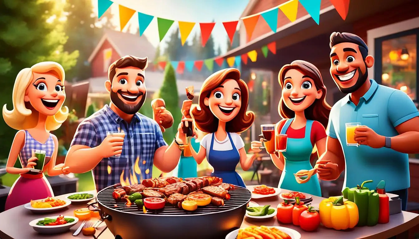 Barbecue grill brimming with sizzling meats and veggies at a vibrant outdoor party