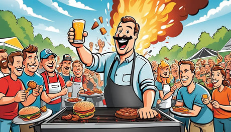 Enthusiastic man grilling food and holding a beer at lively outdoor barbecue party