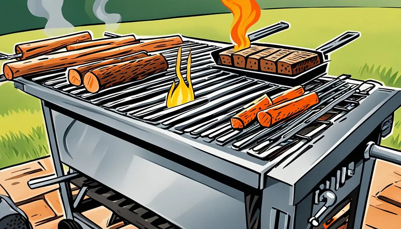 Outdoor barbecue grill with logs and food cooking on grates for UK grilling methods article