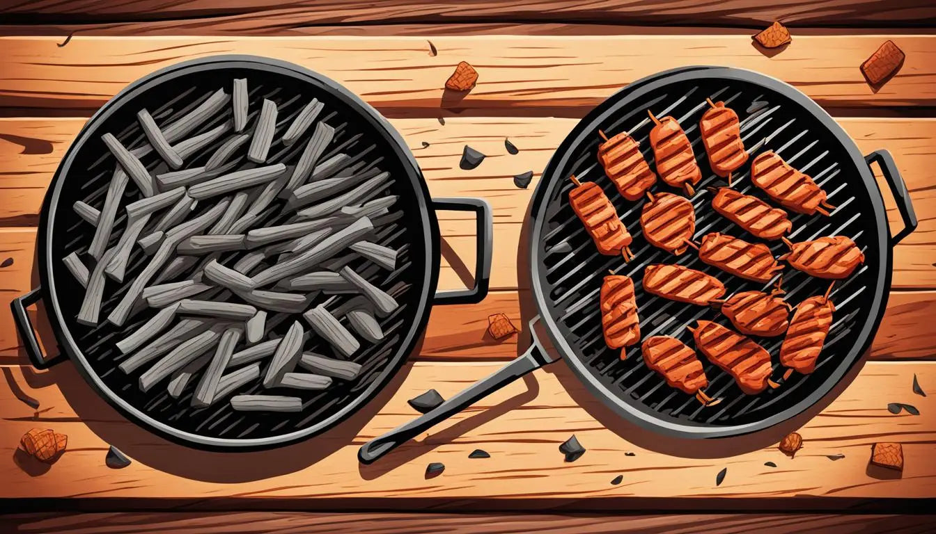 Two circular grills with uncooked French fries and grilling chicken wings for BBQ flavor.