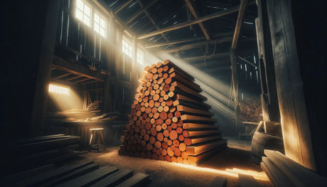 Stack of neatly piled logs in sunlight within wooden structure for Cherry Wood drying