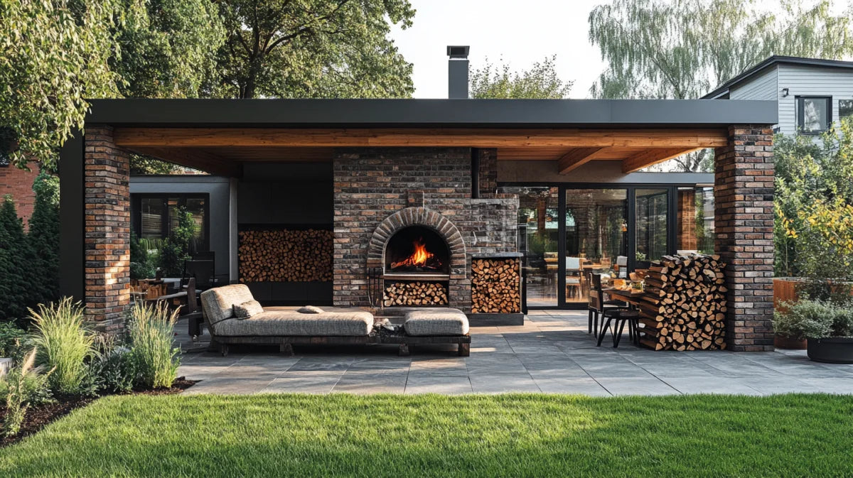 Outdoor living space featuring a stone fireplace and wood storage for cozy gatherings.