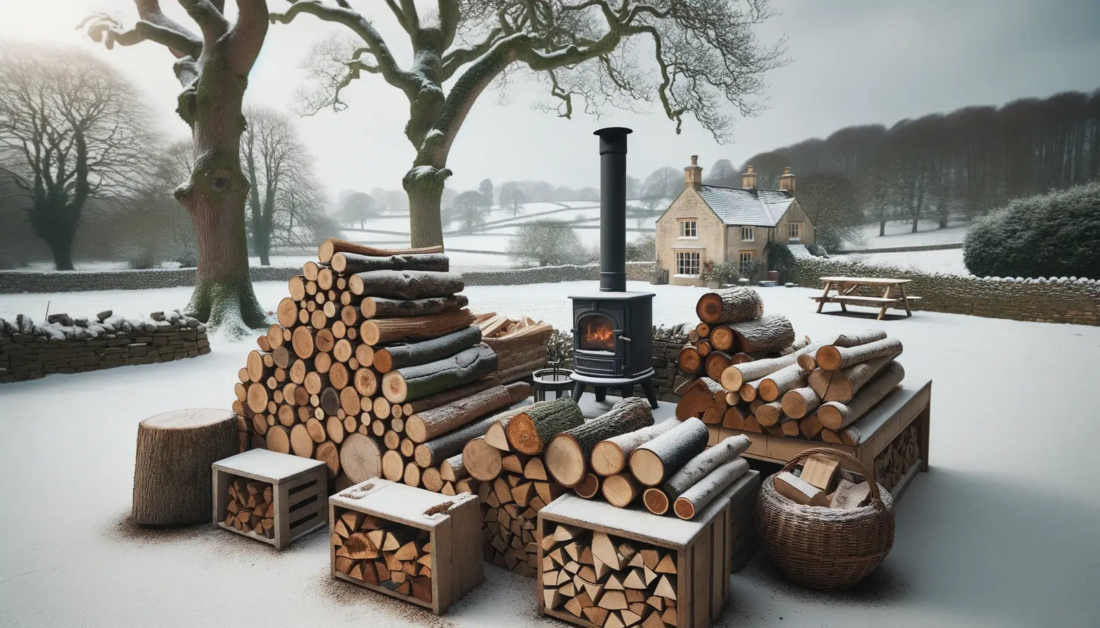 Wood-burning stove with firewood stacks and log storage containers for optimal heating