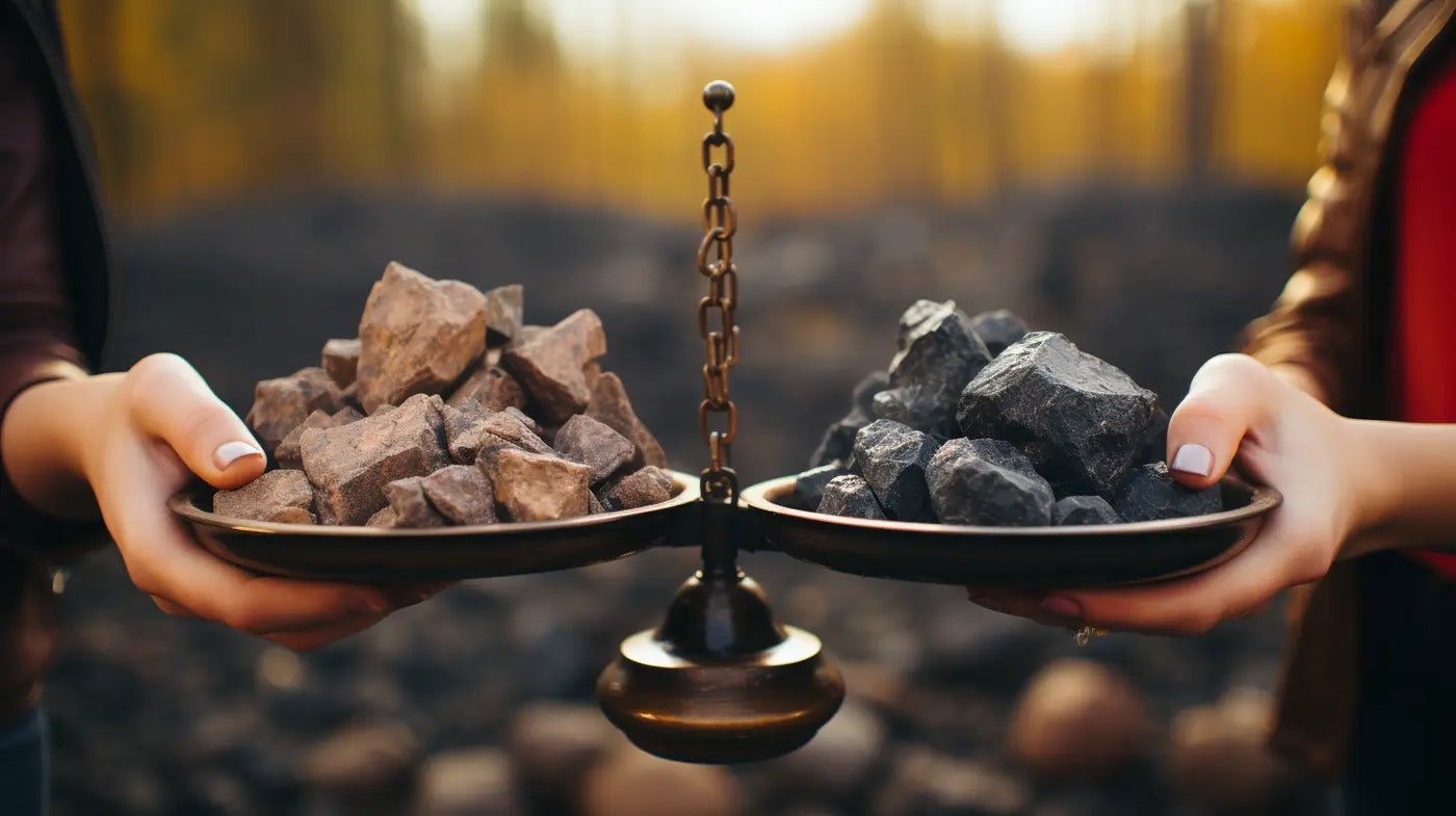 Balance scale comparing coal and charcoal as fuel sources in sustainability article.