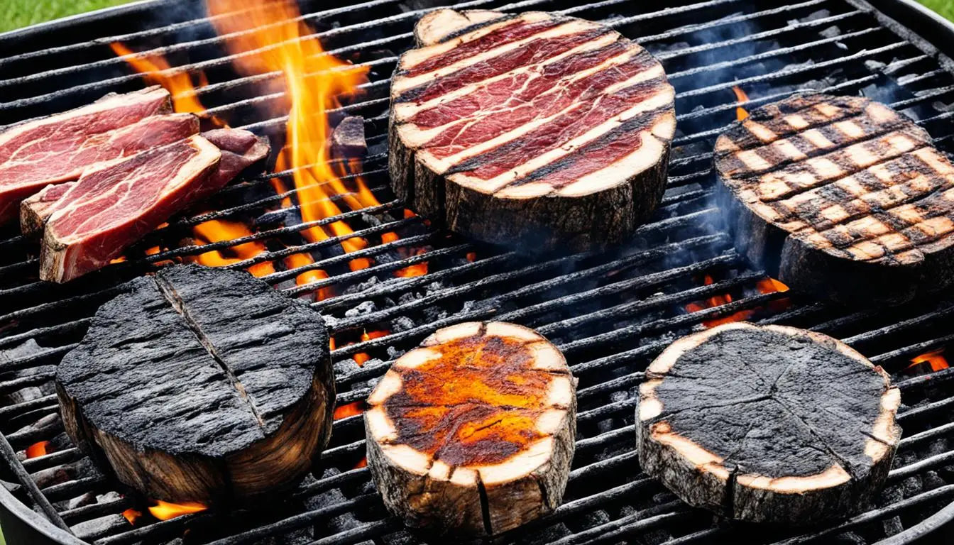 Assorted meat cuts grilling on barbecue with flames in The Delicious Science article