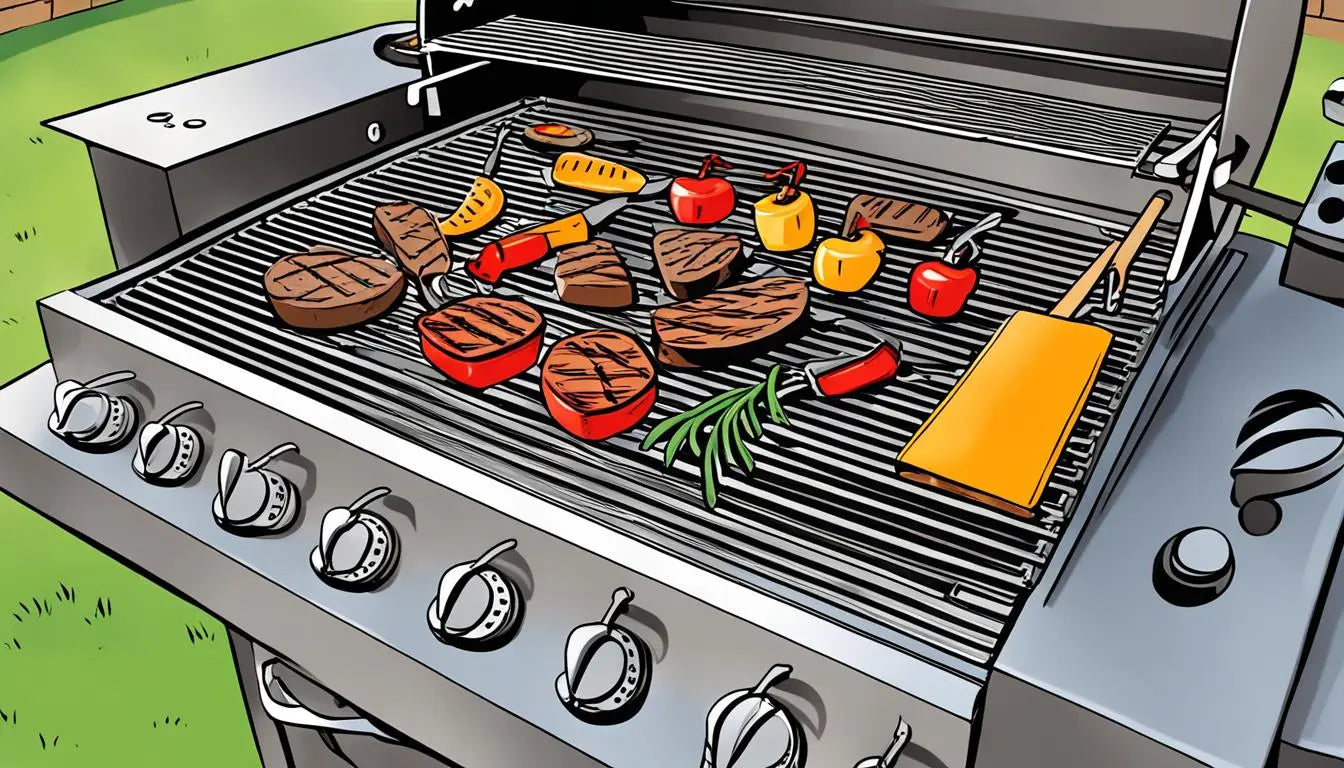 Outdoor gas grill with meats and vegetables cooking for DIY BBQ in the UK