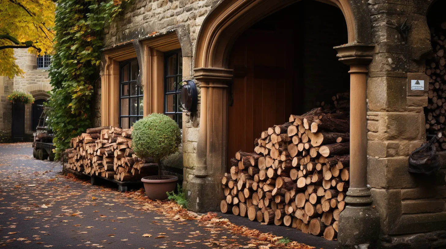 Stone building with arched entryway and firewood piles in The Do’s and Don’ts of Storing Kiln Dried Logs.